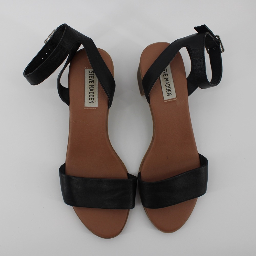 Steve Madden Kemmy Black Leather Ankle Strap Block Heel Sandals Womens 8.5M Chic - Picture 2 of 7